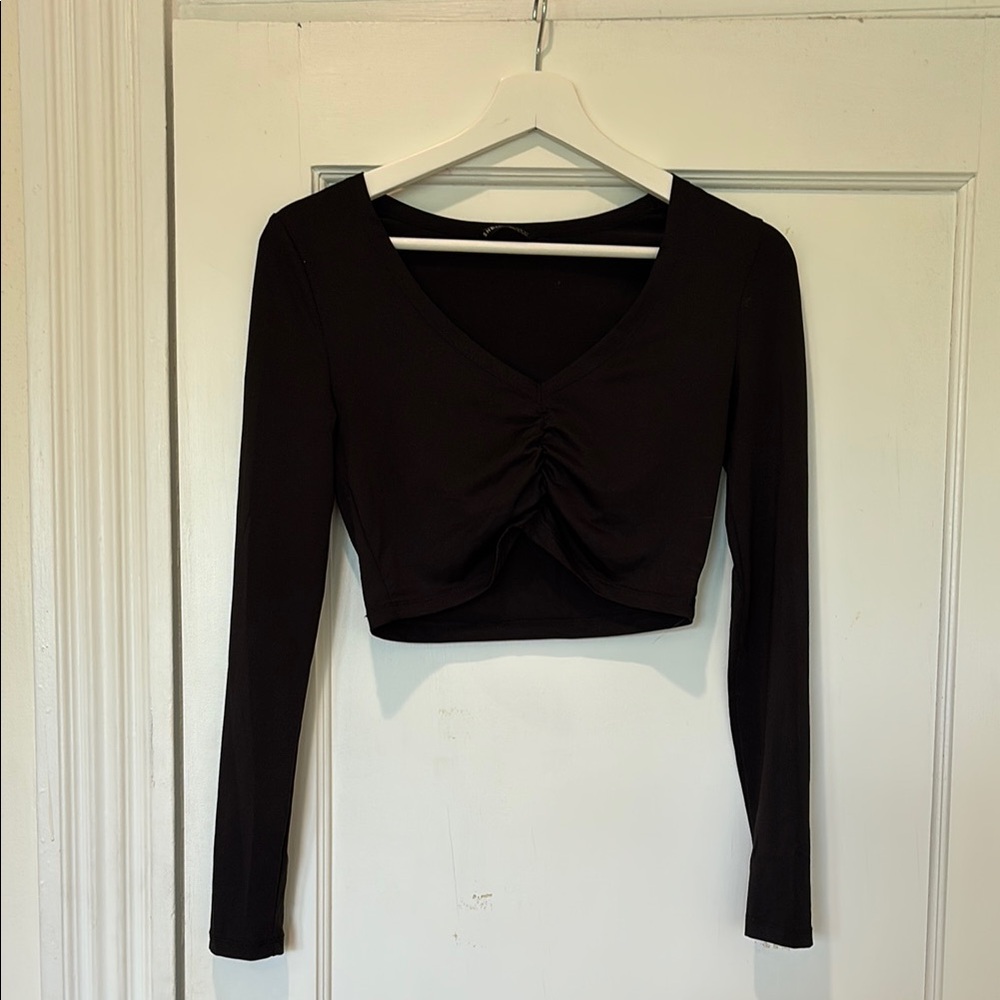 SHEIN Black Ruched Crop Blouse Long Sleeve